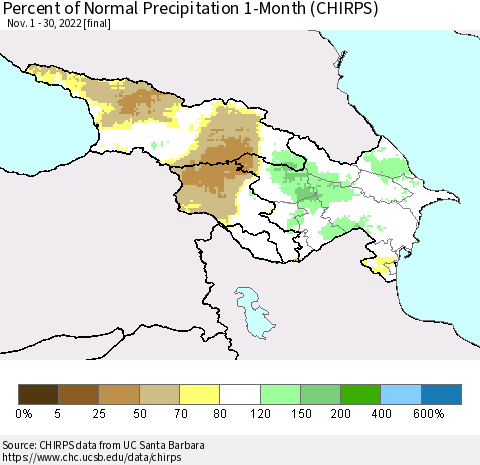 Azerbaijan, Armenia and Georgia Percent of Normal Precipitation 1-Month (CHIRPS) Thematic Map For 11/1/2022 - 11/30/2022