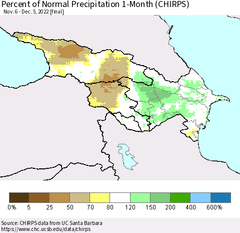 Azerbaijan, Armenia and Georgia Percent of Normal Precipitation 1-Month (CHIRPS) Thematic Map For 11/6/2022 - 12/5/2022