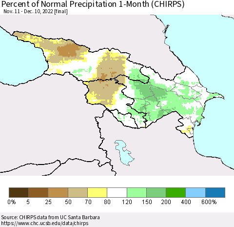 Azerbaijan, Armenia and Georgia Percent of Normal Precipitation 1-Month (CHIRPS) Thematic Map For 11/11/2022 - 12/10/2022