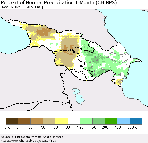 Azerbaijan, Armenia and Georgia Percent of Normal Precipitation 1-Month (CHIRPS) Thematic Map For 11/16/2022 - 12/15/2022
