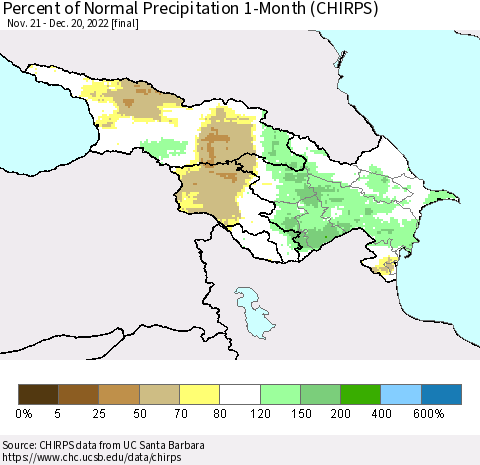 Azerbaijan, Armenia and Georgia Percent of Normal Precipitation 1-Month (CHIRPS) Thematic Map For 11/21/2022 - 12/20/2022