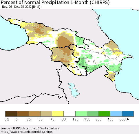 Azerbaijan, Armenia and Georgia Percent of Normal Precipitation 1-Month (CHIRPS) Thematic Map For 11/26/2022 - 12/25/2022