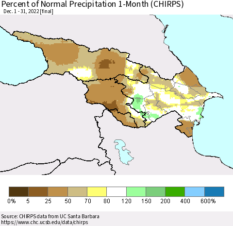 Azerbaijan, Armenia and Georgia Percent of Normal Precipitation 1-Month (CHIRPS) Thematic Map For 12/1/2022 - 12/31/2022