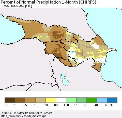 Azerbaijan, Armenia and Georgia Percent of Normal Precipitation 1-Month (CHIRPS) Thematic Map For 12/6/2022 - 1/5/2023