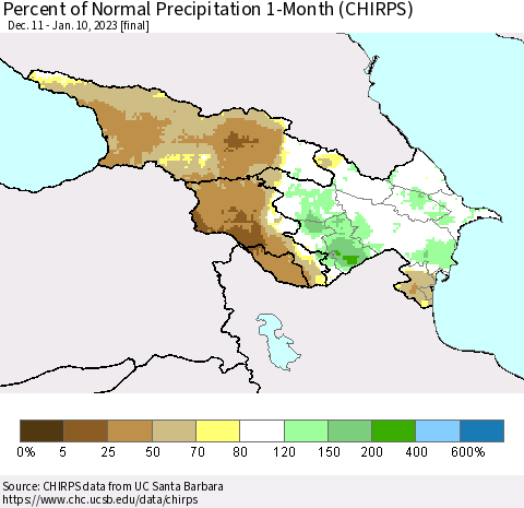 Azerbaijan, Armenia and Georgia Percent of Normal Precipitation 1-Month (CHIRPS) Thematic Map For 12/11/2022 - 1/10/2023
