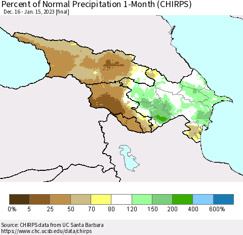 Azerbaijan, Armenia and Georgia Percent of Normal Precipitation 1-Month (CHIRPS) Thematic Map For 12/16/2022 - 1/15/2023