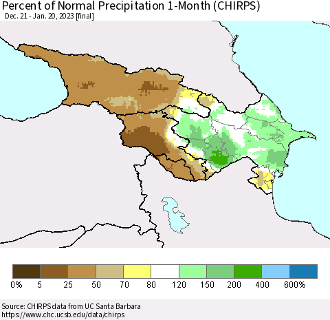 Azerbaijan, Armenia and Georgia Percent of Normal Precipitation 1-Month (CHIRPS) Thematic Map For 12/21/2022 - 1/20/2023
