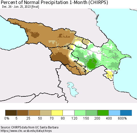 Azerbaijan, Armenia and Georgia Percent of Normal Precipitation 1-Month (CHIRPS) Thematic Map For 12/26/2022 - 1/25/2023
