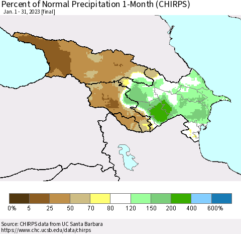 Azerbaijan, Armenia and Georgia Percent of Normal Precipitation 1-Month (CHIRPS) Thematic Map For 1/1/2023 - 1/31/2023