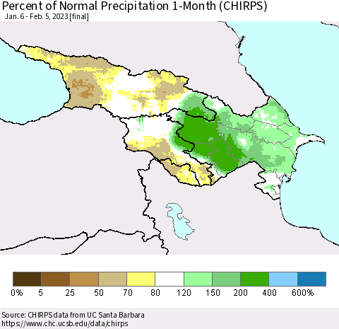 Azerbaijan, Armenia and Georgia Percent of Normal Precipitation 1-Month (CHIRPS) Thematic Map For 1/6/2023 - 2/5/2023