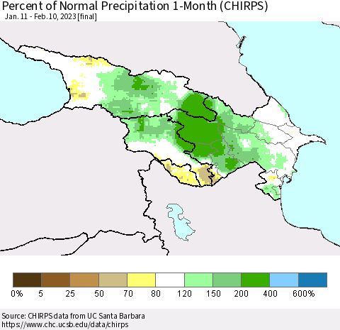 Azerbaijan, Armenia and Georgia Percent of Normal Precipitation 1-Month (CHIRPS) Thematic Map For 1/11/2023 - 2/10/2023