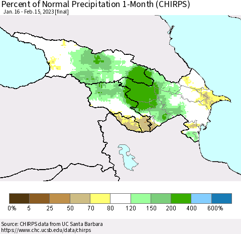 Azerbaijan, Armenia and Georgia Percent of Normal Precipitation 1-Month (CHIRPS) Thematic Map For 1/16/2023 - 2/15/2023