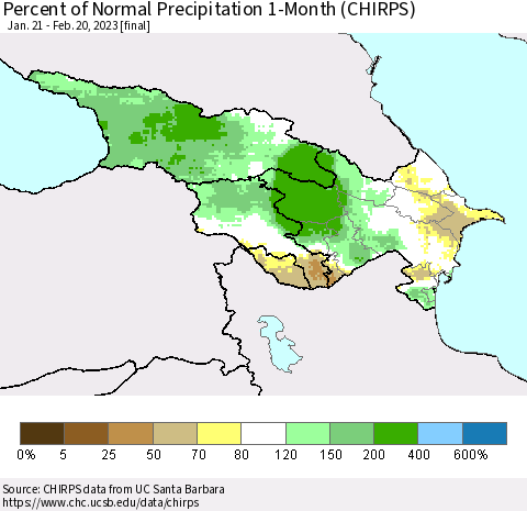 Azerbaijan, Armenia and Georgia Percent of Normal Precipitation 1-Month (CHIRPS) Thematic Map For 1/21/2023 - 2/20/2023