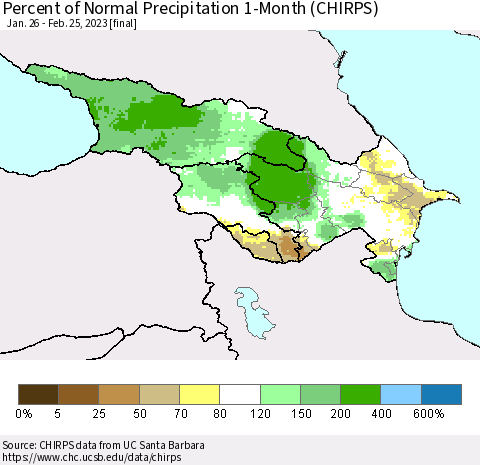 Azerbaijan, Armenia and Georgia Percent of Normal Precipitation 1-Month (CHIRPS) Thematic Map For 1/26/2023 - 2/25/2023
