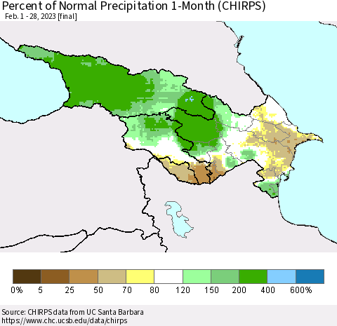 Azerbaijan, Armenia and Georgia Percent of Normal Precipitation 1-Month (CHIRPS) Thematic Map For 2/1/2023 - 2/28/2023