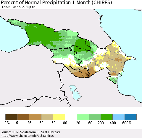 Azerbaijan, Armenia and Georgia Percent of Normal Precipitation 1-Month (CHIRPS) Thematic Map For 2/6/2023 - 3/5/2023