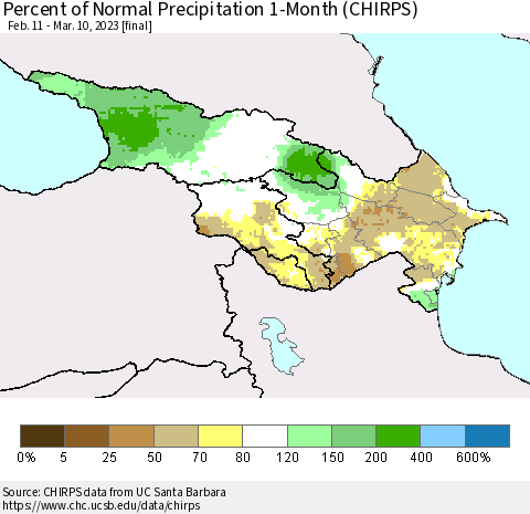 Azerbaijan, Armenia and Georgia Percent of Normal Precipitation 1-Month (CHIRPS) Thematic Map For 2/11/2023 - 3/10/2023