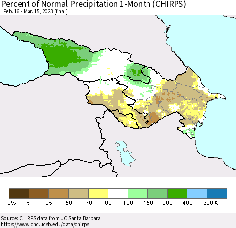 Azerbaijan, Armenia and Georgia Percent of Normal Precipitation 1-Month (CHIRPS) Thematic Map For 2/16/2023 - 3/15/2023