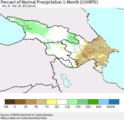 Azerbaijan, Armenia and Georgia Percent of Normal Precipitation 1-Month (CHIRPS) Thematic Map For 2/21/2023 - 3/20/2023
