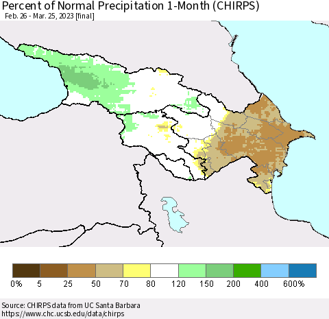 Azerbaijan, Armenia and Georgia Percent of Normal Precipitation 1-Month (CHIRPS) Thematic Map For 2/26/2023 - 3/25/2023