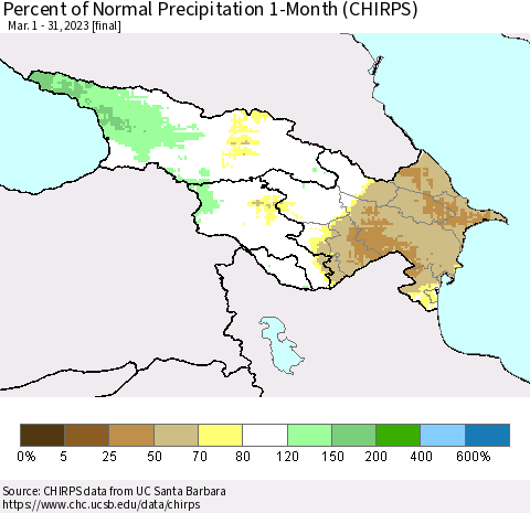 Azerbaijan, Armenia and Georgia Percent of Normal Precipitation 1-Month (CHIRPS) Thematic Map For 3/1/2023 - 3/31/2023