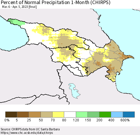 Azerbaijan, Armenia and Georgia Percent of Normal Precipitation 1-Month (CHIRPS) Thematic Map For 3/6/2023 - 4/5/2023