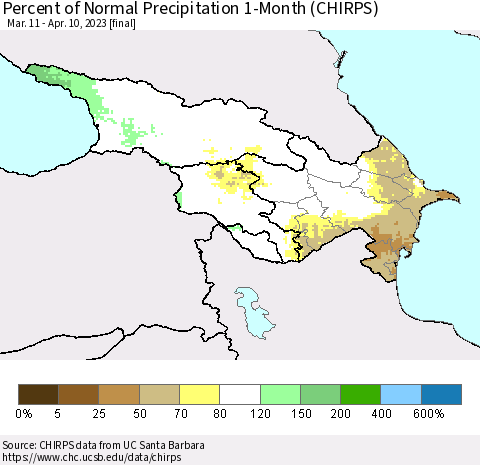 Azerbaijan, Armenia and Georgia Percent of Normal Precipitation 1-Month (CHIRPS) Thematic Map For 3/11/2023 - 4/10/2023