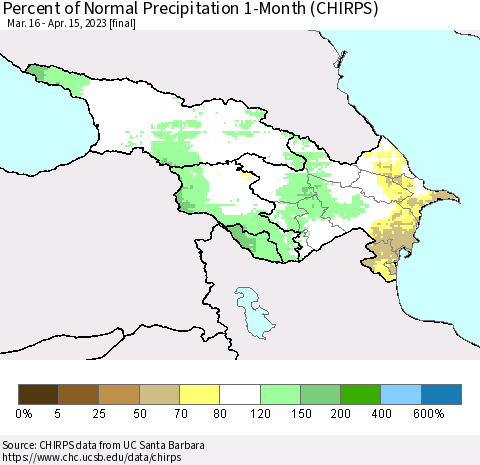 Azerbaijan, Armenia and Georgia Percent of Normal Precipitation 1-Month (CHIRPS) Thematic Map For 3/16/2023 - 4/15/2023