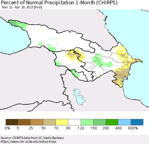 Azerbaijan, Armenia and Georgia Percent of Normal Precipitation 1-Month (CHIRPS) Thematic Map For 3/21/2023 - 4/20/2023