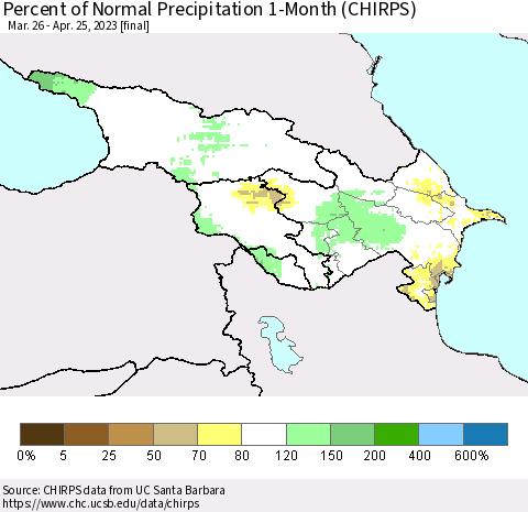 Azerbaijan, Armenia and Georgia Percent of Normal Precipitation 1-Month (CHIRPS) Thematic Map For 3/26/2023 - 4/25/2023