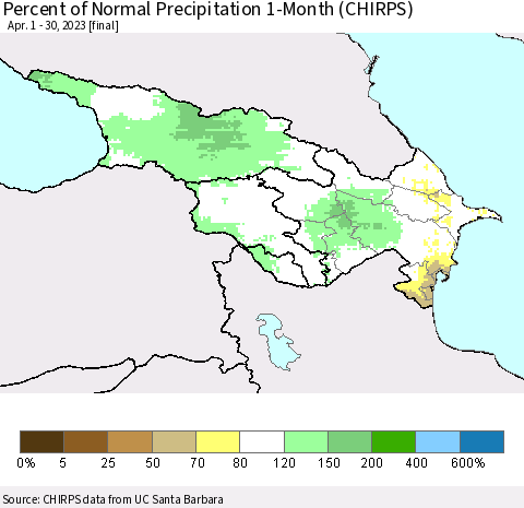 Azerbaijan, Armenia and Georgia Percent of Normal Precipitation 1-Month (CHIRPS) Thematic Map For 4/1/2023 - 4/30/2023