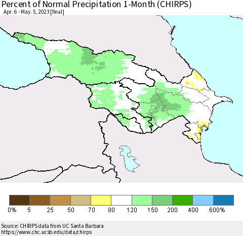 Azerbaijan, Armenia and Georgia Percent of Normal Precipitation 1-Month (CHIRPS) Thematic Map For 4/6/2023 - 5/5/2023