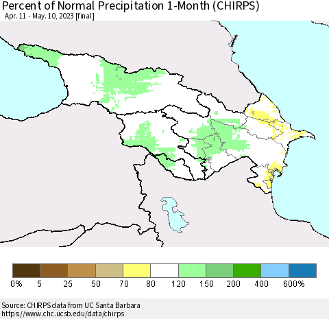 Azerbaijan, Armenia and Georgia Percent of Normal Precipitation 1-Month (CHIRPS) Thematic Map For 4/11/2023 - 5/10/2023