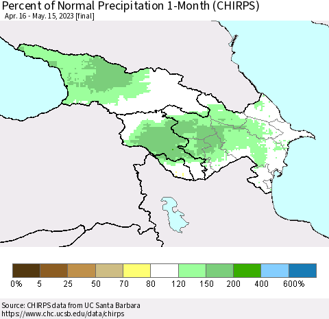 Azerbaijan, Armenia and Georgia Percent of Normal Precipitation 1-Month (CHIRPS) Thematic Map For 4/16/2023 - 5/15/2023