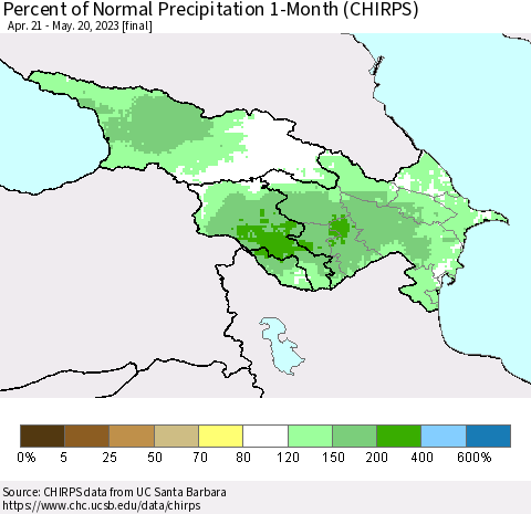 Azerbaijan, Armenia and Georgia Percent of Normal Precipitation 1-Month (CHIRPS) Thematic Map For 4/21/2023 - 5/20/2023
