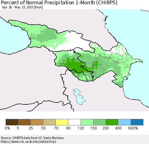 Azerbaijan, Armenia and Georgia Percent of Normal Precipitation 1-Month (CHIRPS) Thematic Map For 4/26/2023 - 5/25/2023