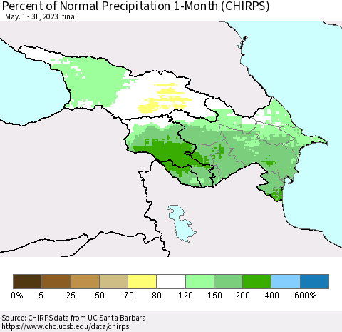 Azerbaijan, Armenia and Georgia Percent of Normal Precipitation 1-Month (CHIRPS) Thematic Map For 5/1/2023 - 5/31/2023