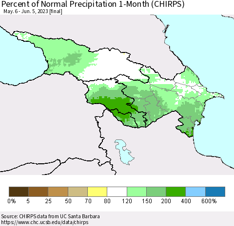 Azerbaijan, Armenia and Georgia Percent of Normal Precipitation 1-Month (CHIRPS) Thematic Map For 5/6/2023 - 6/5/2023