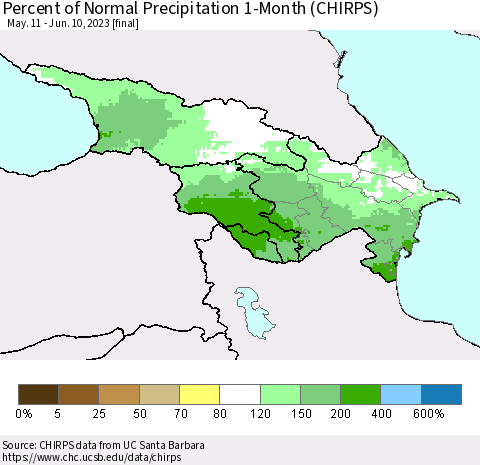 Azerbaijan, Armenia and Georgia Percent of Normal Precipitation 1-Month (CHIRPS) Thematic Map For 5/11/2023 - 6/10/2023