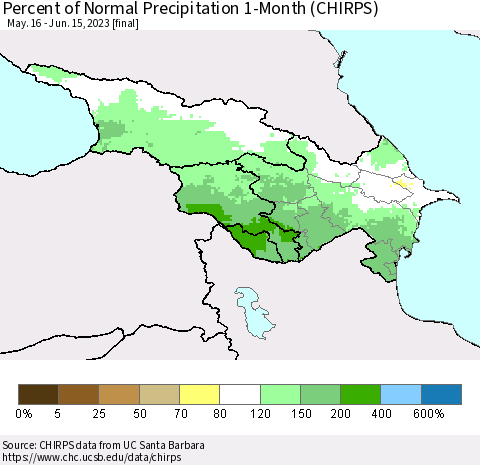 Azerbaijan, Armenia and Georgia Percent of Normal Precipitation 1-Month (CHIRPS) Thematic Map For 5/16/2023 - 6/15/2023