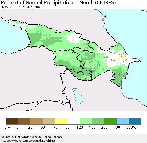 Azerbaijan, Armenia and Georgia Percent of Normal Precipitation 1-Month (CHIRPS) Thematic Map For 5/21/2023 - 6/20/2023