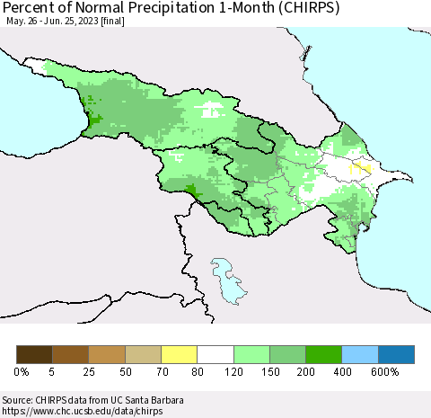 Azerbaijan, Armenia and Georgia Percent of Normal Precipitation 1-Month (CHIRPS) Thematic Map For 5/26/2023 - 6/25/2023