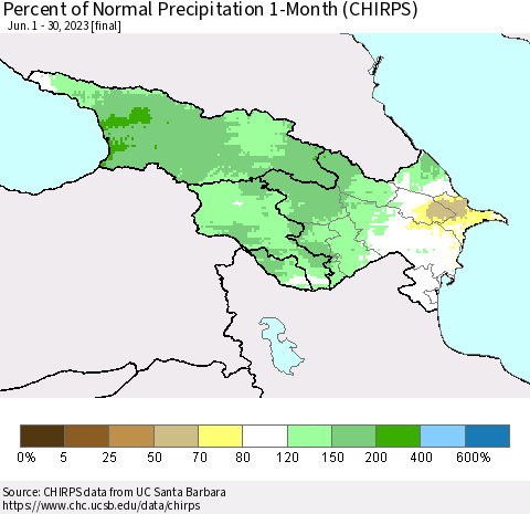 Azerbaijan, Armenia and Georgia Percent of Normal Precipitation 1-Month (CHIRPS) Thematic Map For 6/1/2023 - 6/30/2023