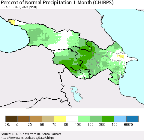 Azerbaijan, Armenia and Georgia Percent of Normal Precipitation 1-Month (CHIRPS) Thematic Map For 6/6/2023 - 7/5/2023