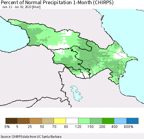 Azerbaijan, Armenia and Georgia Percent of Normal Precipitation 1-Month (CHIRPS) Thematic Map For 6/11/2023 - 7/10/2023
