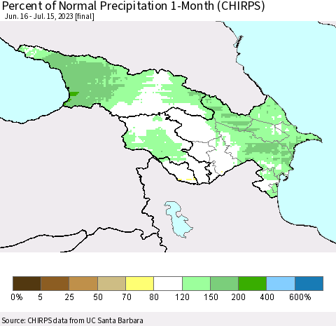 Azerbaijan, Armenia and Georgia Percent of Normal Precipitation 1-Month (CHIRPS) Thematic Map For 6/16/2023 - 7/15/2023