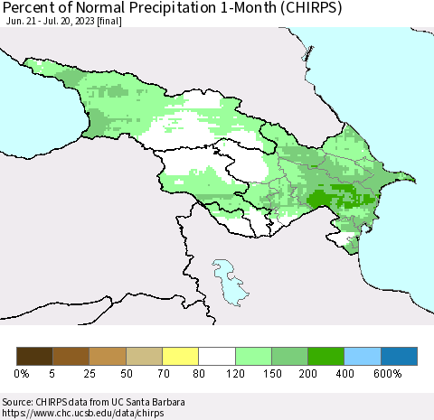 Azerbaijan, Armenia and Georgia Percent of Normal Precipitation 1-Month (CHIRPS) Thematic Map For 6/21/2023 - 7/20/2023