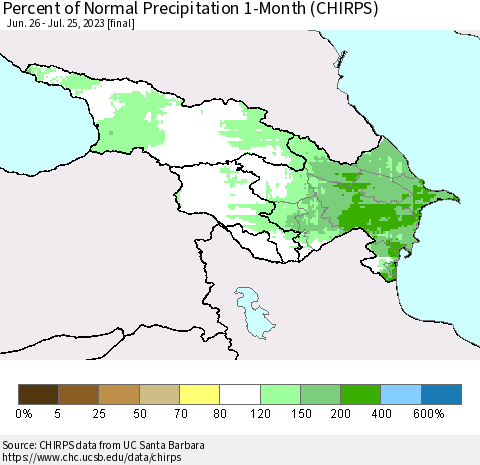 Azerbaijan, Armenia and Georgia Percent of Normal Precipitation 1-Month (CHIRPS) Thematic Map For 6/26/2023 - 7/25/2023
