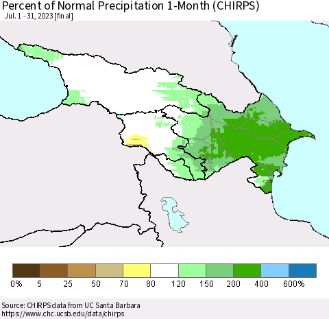 Azerbaijan, Armenia and Georgia Percent of Normal Precipitation 1-Month (CHIRPS) Thematic Map For 7/1/2023 - 7/31/2023
