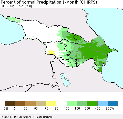 Azerbaijan, Armenia and Georgia Percent of Normal Precipitation 1-Month (CHIRPS) Thematic Map For 7/6/2023 - 8/5/2023